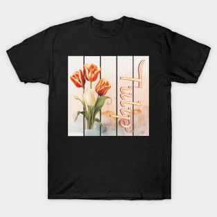 Vintage tulip flower design with intricate text and watercollored art background T-Shirt